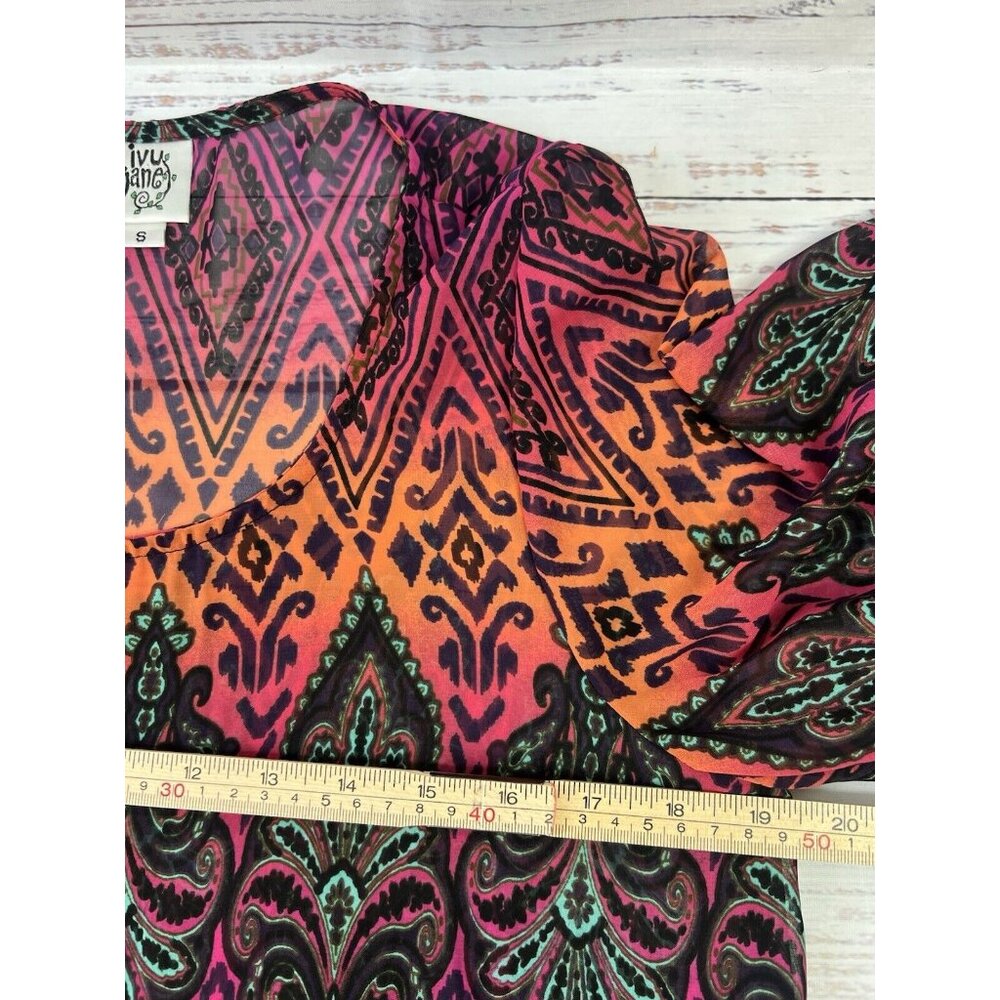 Ivy Jane Size S Boho Festival Fringe Kimono Bell Sleeve Asymetrical Sheer Blouse - Picture 9 of 12